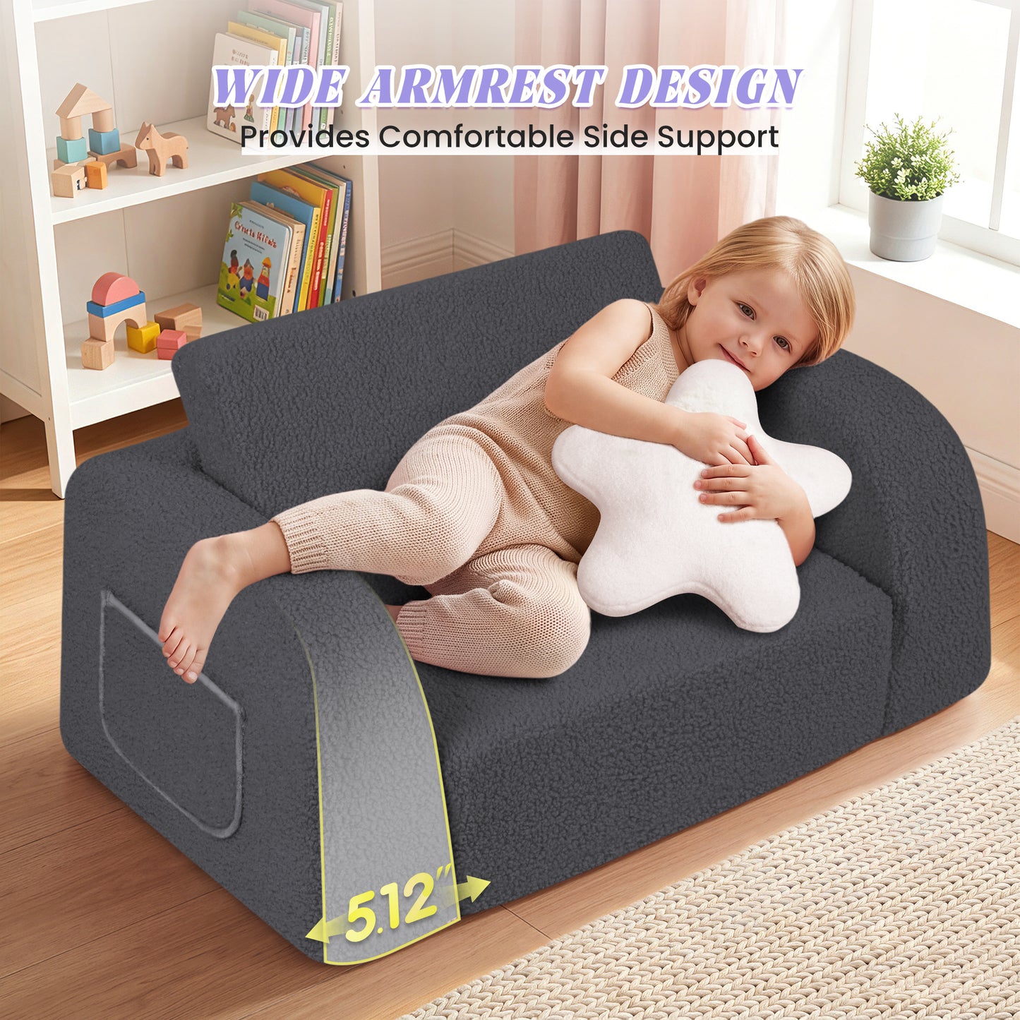babyeap 2-in-1 Wide Base Kids Sofa,Fold Out Toddler Couch with Star Pillow,Soft Kids Chair for Reading, Playroom, Bedroom & Nursery,Deep Gray