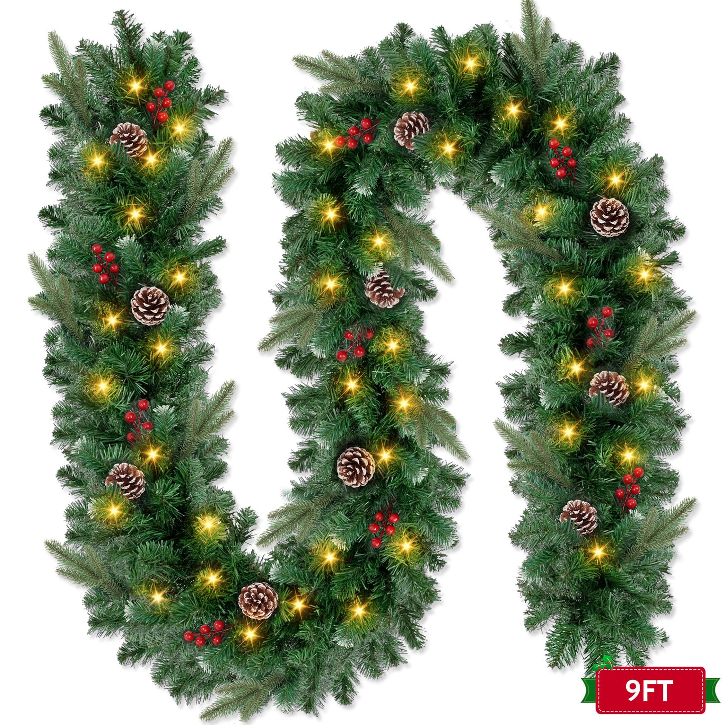 Yexmas 9ft Large Christmas Garland, Multi-Purpose Xmas Wreath with 90 LED Lights, Battery Operated