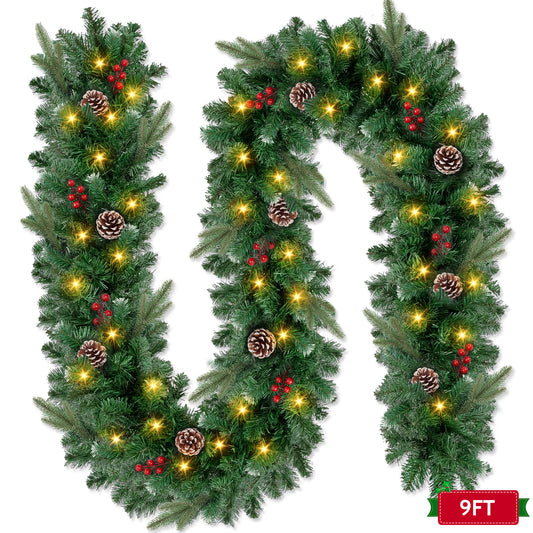 Yexmas 9ft Large Christmas Garland, Multi-Purpose Xmas Wreath with 90 LED Lights, Battery Operated