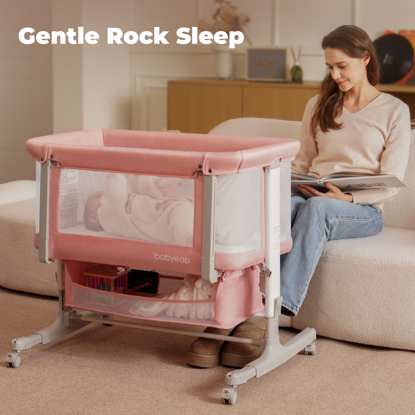 Babyeap 3in1 Baby Bassinet Bedside Sleeper, Rocking Bassinet for Newborn, with Large Storage Basket, Dark Gray
