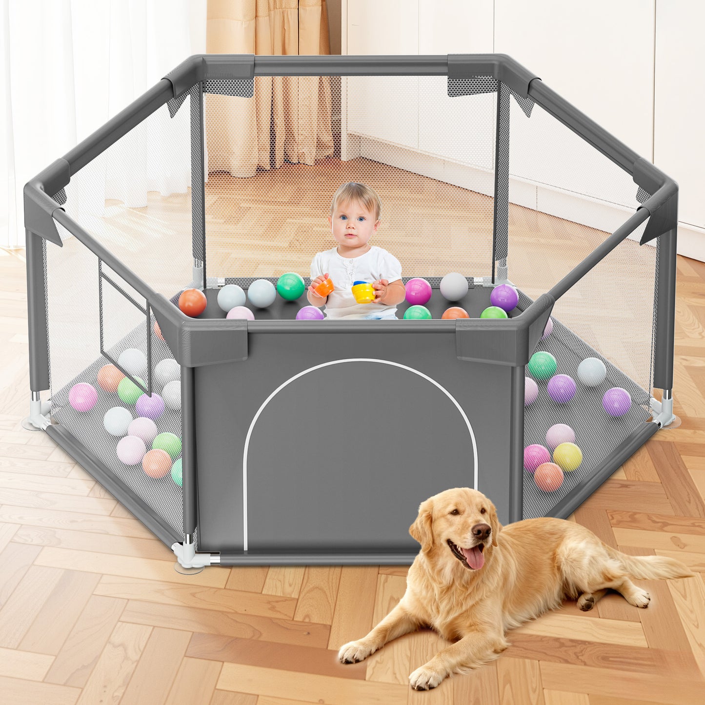 babyeap 50 Inch Baby Playpen,Fence Baby Play Yard for Indoors Outdoors,Hexagonal Toddler Playpen,Black