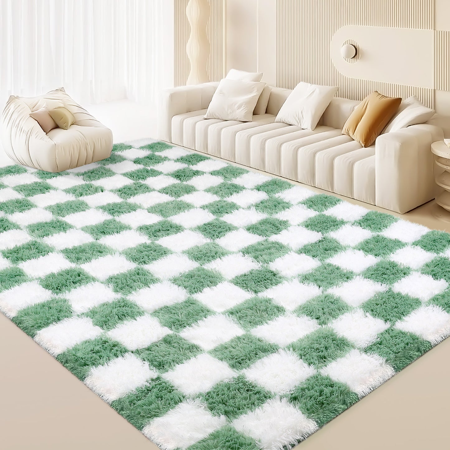 CozyDesg Shag Area Rugs,5'x8'/8' x 10' Soft Fluffy Floor Rugs Checkered Carpet，Washable Area Rugs for Living Room Bedroom Decor,Beige & White