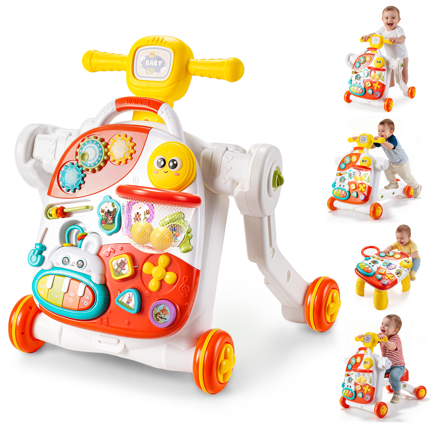 Yexmas 4-in-1 Baby Walker, Baby Push Walker with Wheels, Sit-to-Stand Baby Activity Center, Early Learning Walking Toys, Birthday&Christmas Gift for Toddlers