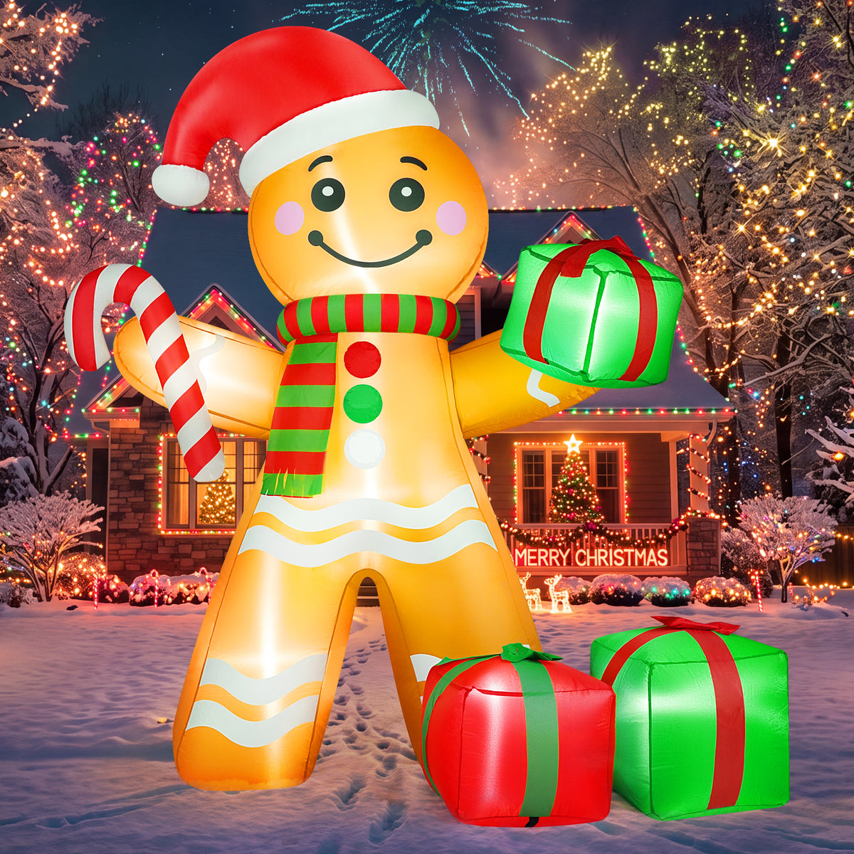 Yexmas 6FT Christmas Inflatable Gingerbread Man with Candy Cane and Gift Boxes, Blow Up Outdoor Yard Decor with Built-In LED Lights for Lawn Garden