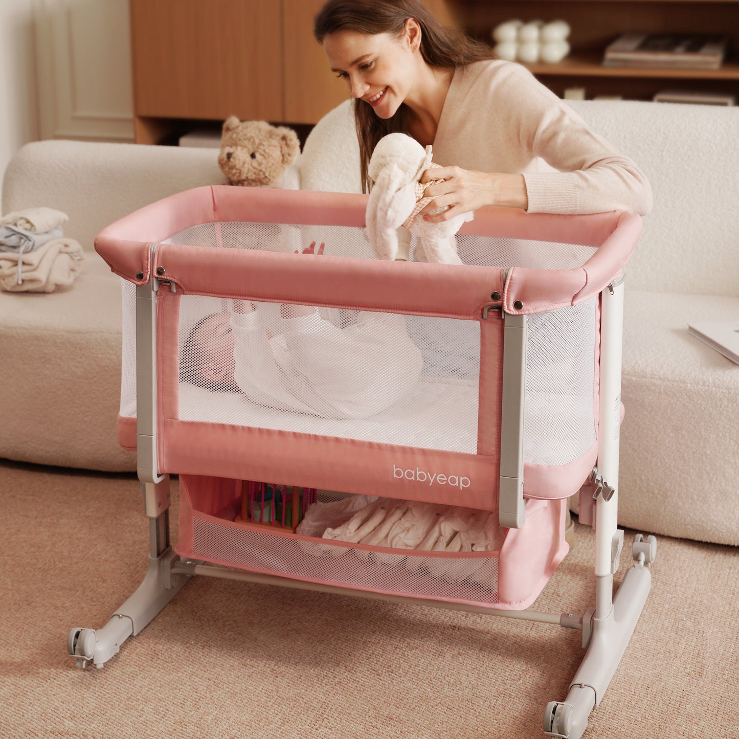 Babyeap 3in1 Baby Bassinet Bedside Sleeper, Rocking Bassinet for Newborn, with Large Storage Basket, Dark Gray