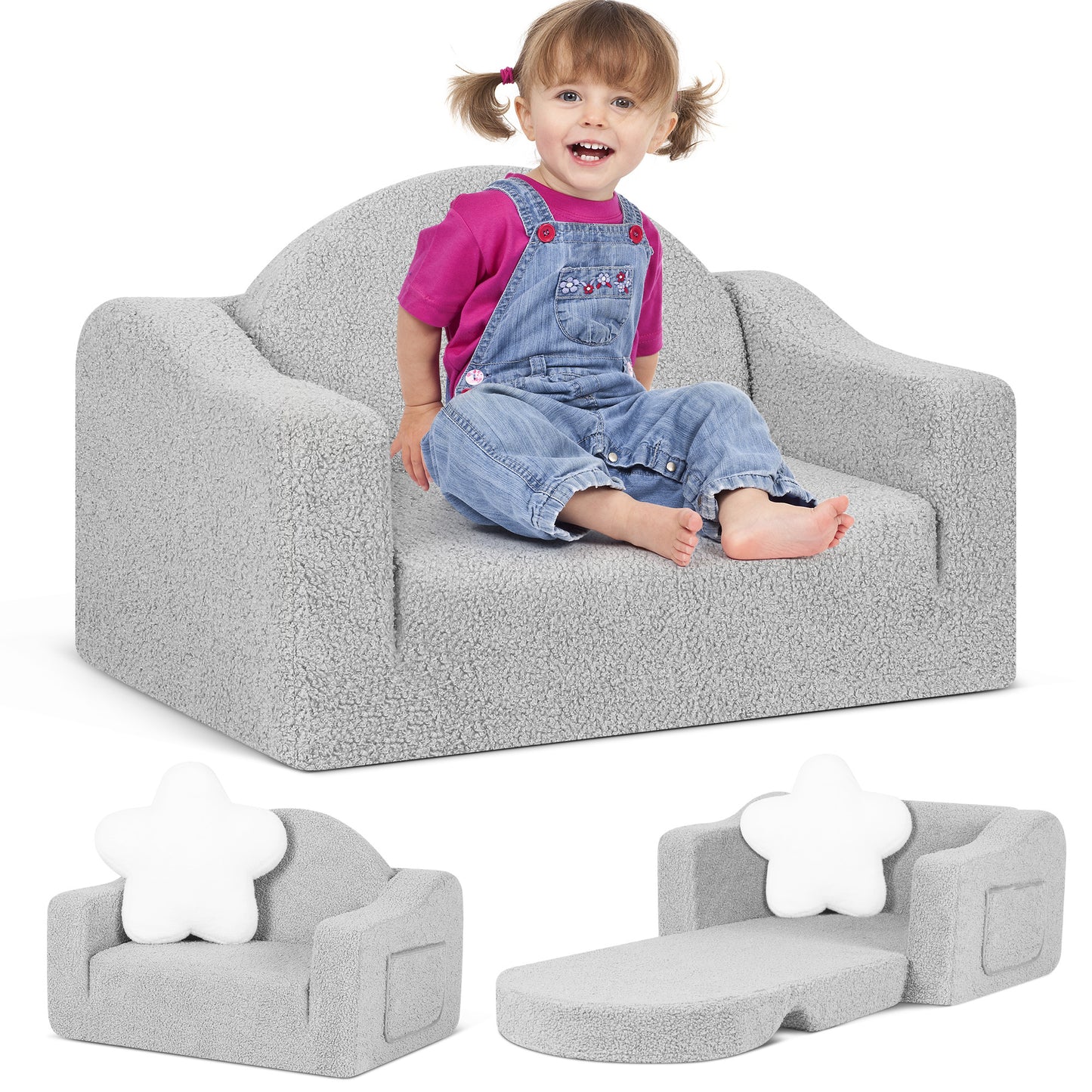 Babyeap Kids Sofa,2-in-1 Soft Toddler Couch Fold Out,Toddler Chair Baby Convertible Couch for Girls and Boys,Light Gray