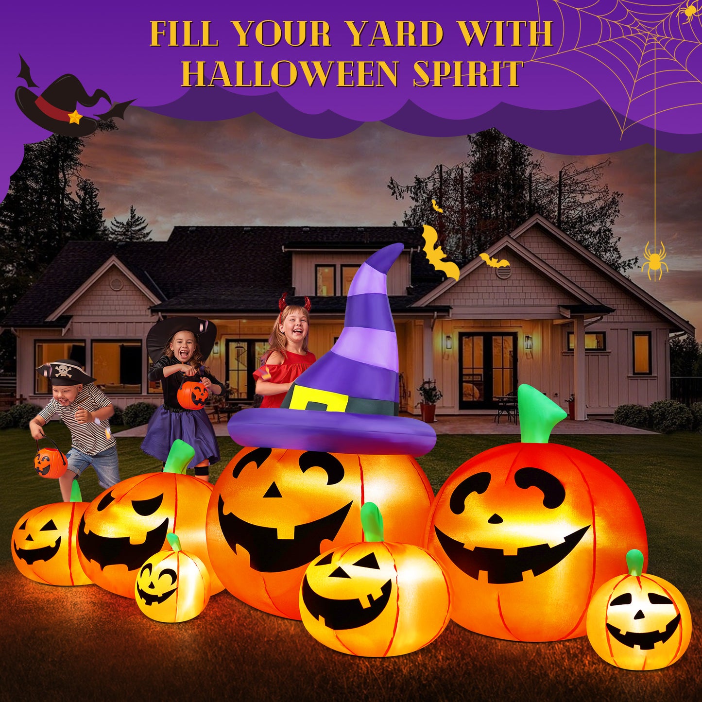 Yexmas 7.5FT Halloween Inflatable Pumpkin,Halloween Blow Ups with Witch Hat for Party Yard, Garden, Lawn, Indoor Outdoor Halloween Decor