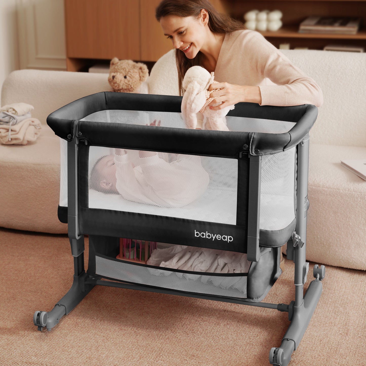 Babyeap 3in1 Baby Bassinet Bedside Sleeper, Rocking Bassinet for Newborn, with Large Storage Basket, Dark Gray
