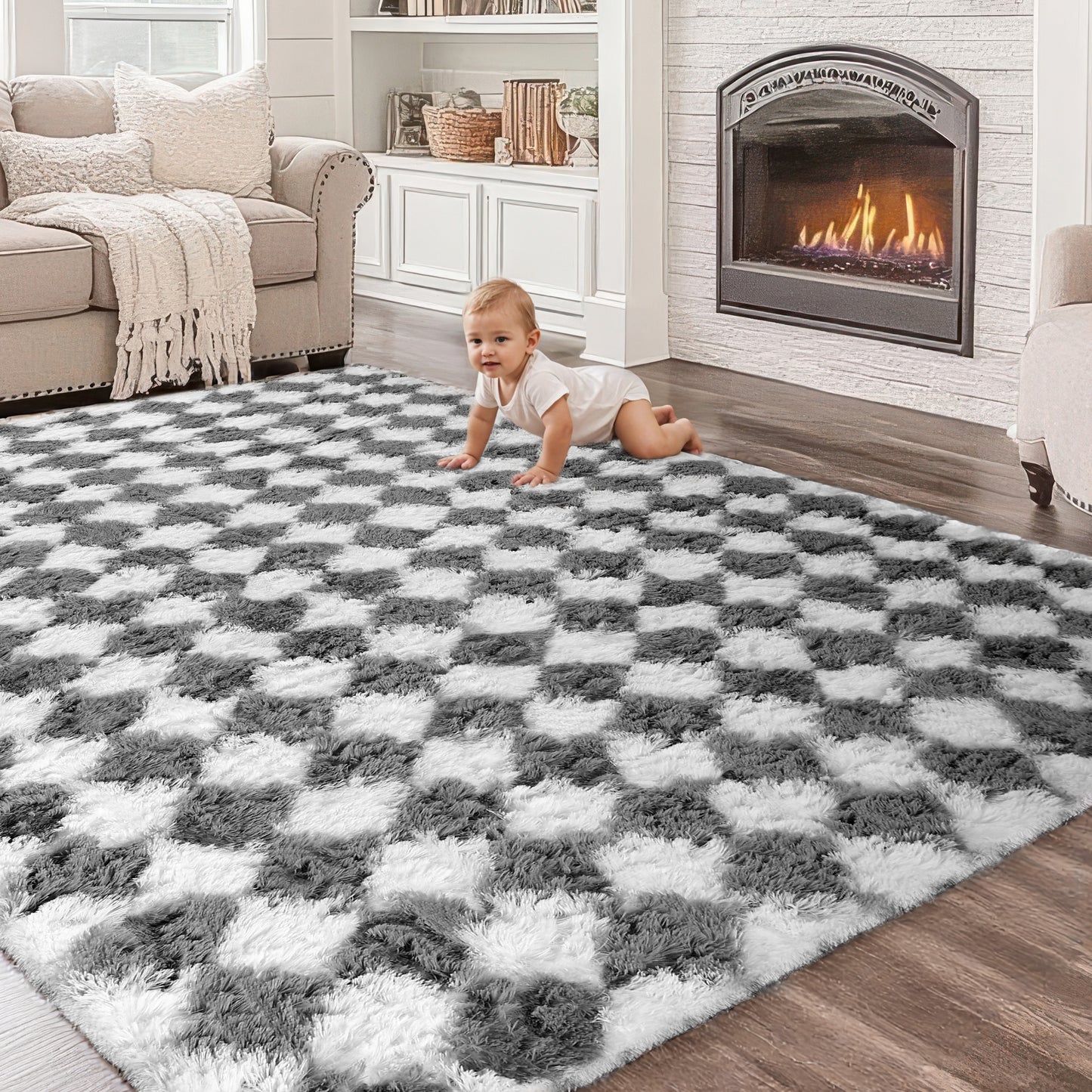CozyDesg Large Rugs,4'x6' Soft Fluffy Shag Indoor Floor Carpet for Living Room Bedroom Dining Room Office Home Decor,Dark Gray & White