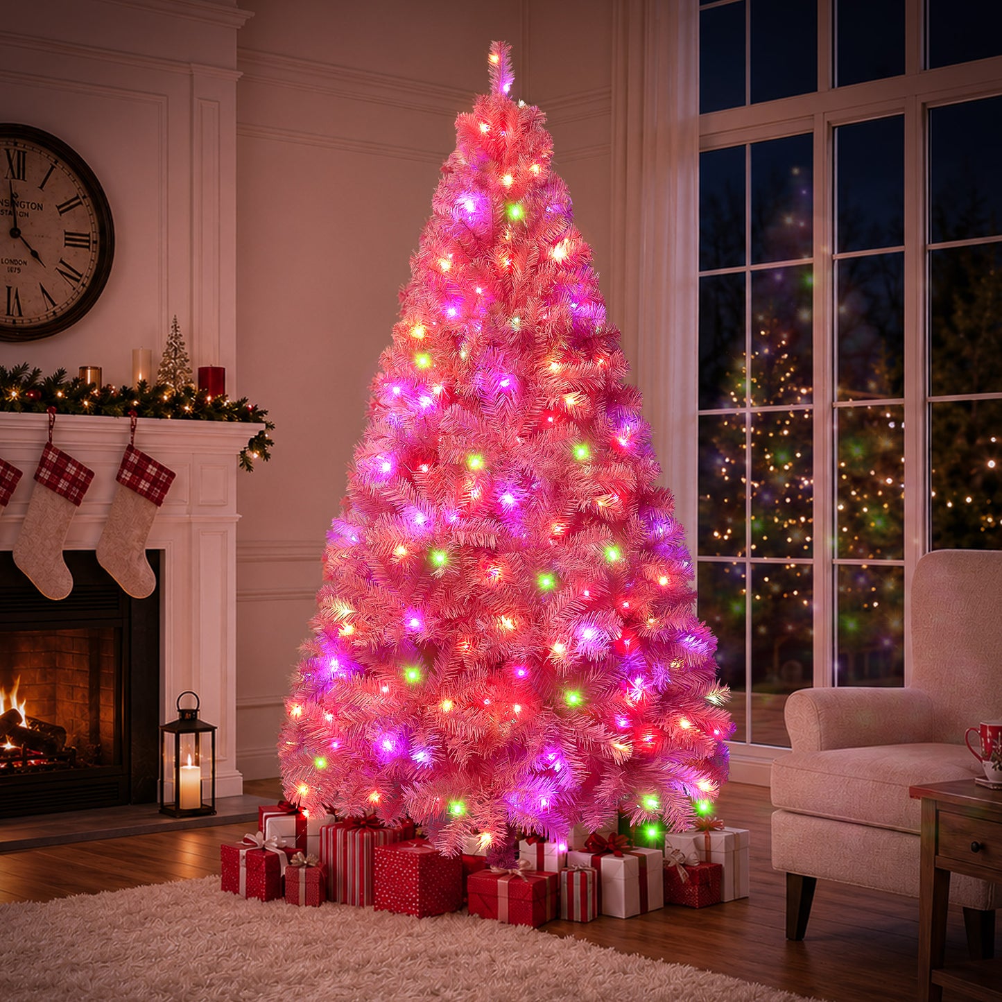 Yexmas 7.5ft Pre-Lit Pink Christmas Tree,Artificial Christmas Tree with 1600 PVC Branches,450 Multicolor Lights,Metal Hinges,Xmas Tree for Home,Holiday Party Decorations
