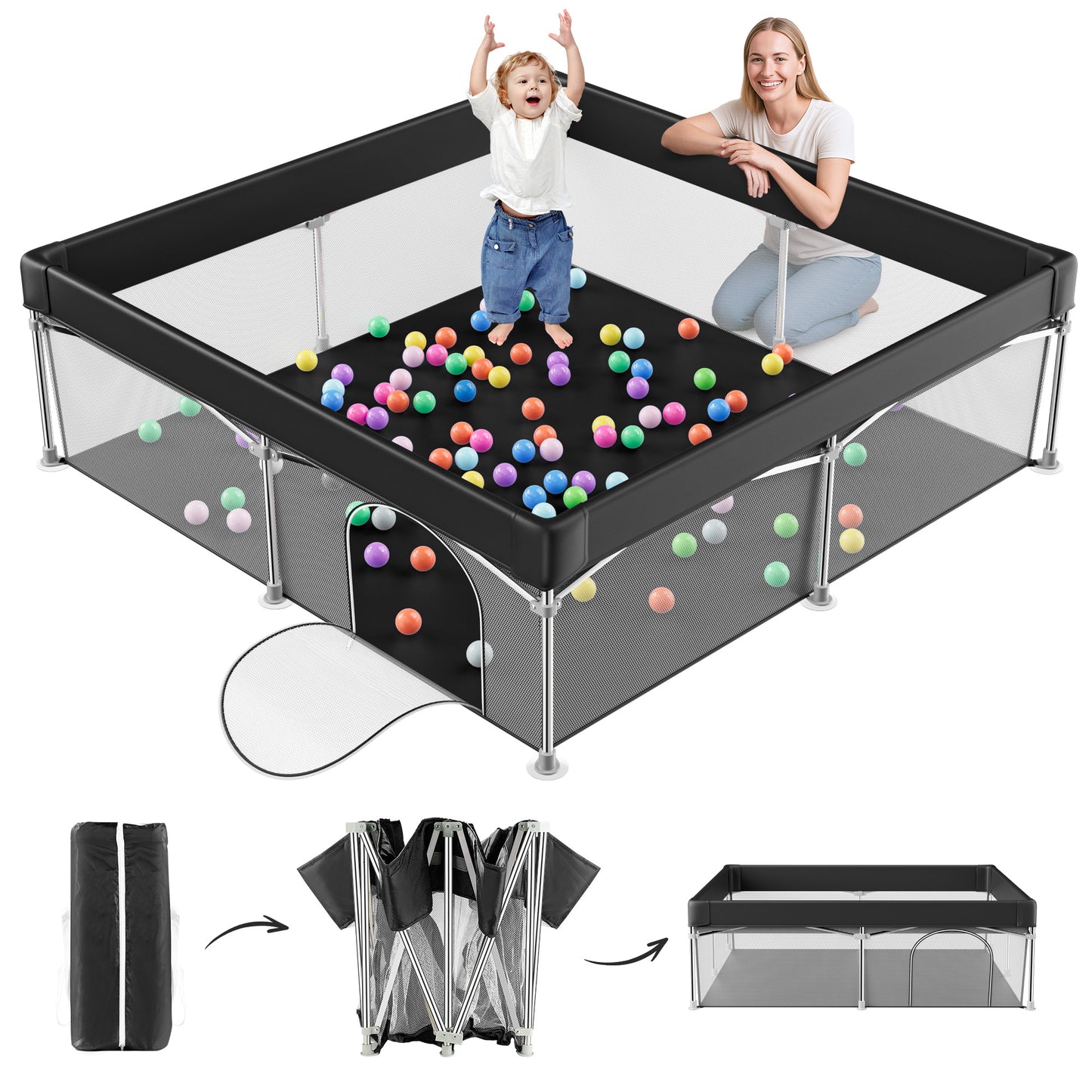 babyeap Foldable Baby Playpen,Playpens for Babies and Toddlers with Storage Bag,Indoor & Outdoor Baby Fence Play Pen Area,Dark Gray