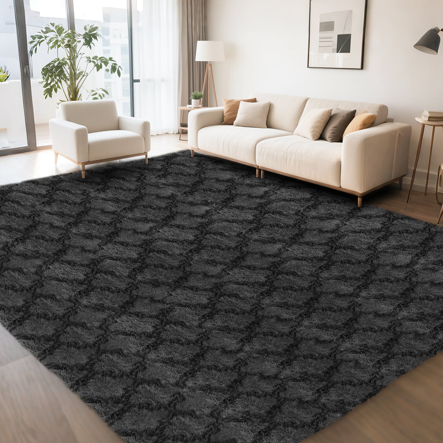 CozyDesg Area Rugs for Living Room，Black Rugs Shag Fluffy Shaggy Bedside Carpet, Large rug for Living Room Bedroom Dining Room Office Home Decor