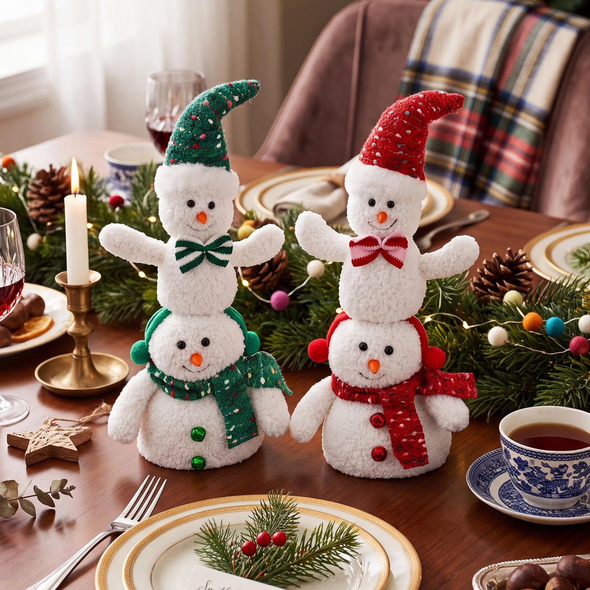 Yexmas 2pcs Snowman Plush Christmas Decorations, Handmade Snowman Figurine, Stuffed Doll Xmas Ornaments for Tabletop Home Fireplace Party Indoor Holiday Party Decor
