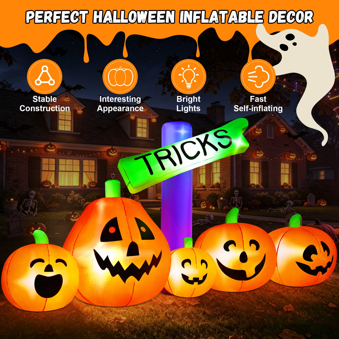 Yexmas 9FT Halloween Inflatable Decoration with TRICKS Sign and Pumpkins,Built-in LED Lights,Blow Up Halloween Yard Decor for Indoor/Outdoor Party,Yard,Lawn