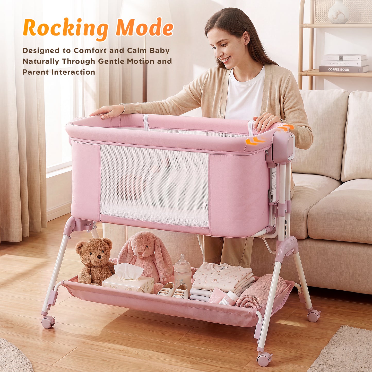 Babyeap 3-in-1 Baby Bassinet, Adjustable Bedside Sleeper with Gentle Rocking Motion, Storage Basket and Wheels for Infants, Gray