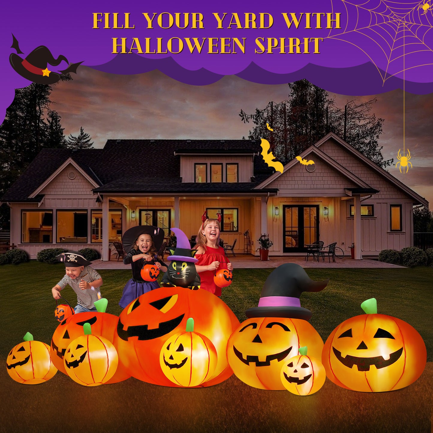 Yexmas 8.5FT Long Halloween Inflatables Pumpkin,8 Pumpkins Halloween Blow Ups with Black Cat & Witches Hat for Halloween Party Outdoor Yard Garden Lawn Decor