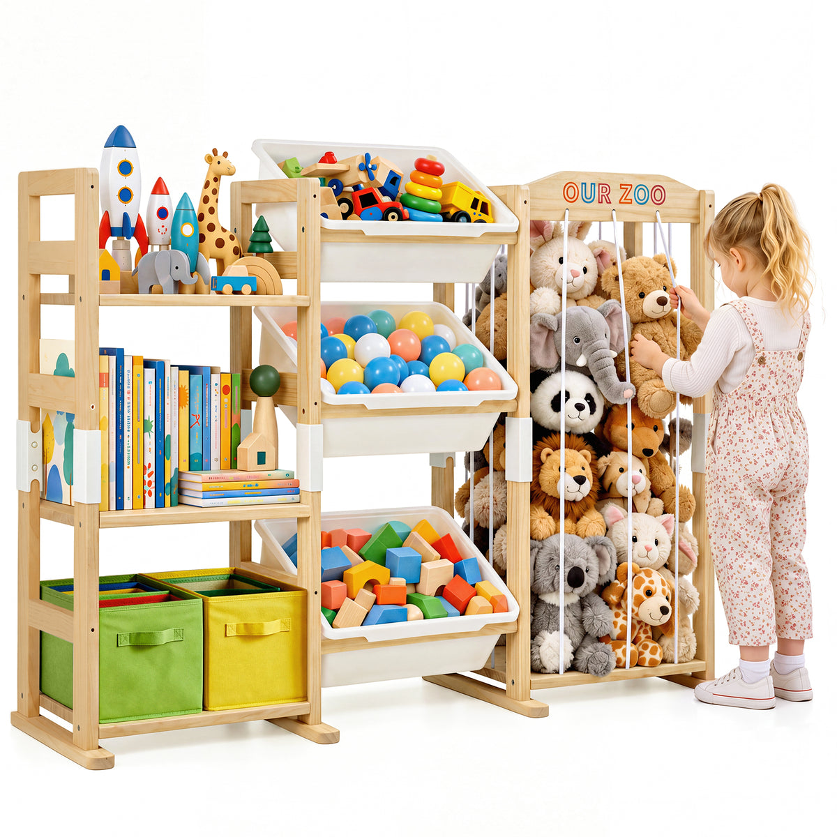 Babyeap 3-in-1 Wooden Toy Storage Organizer, Kids Bookshelf with 3 Removable Bins and Stuffed Animal Storage, Toy Holder for Playroom, Bedroom