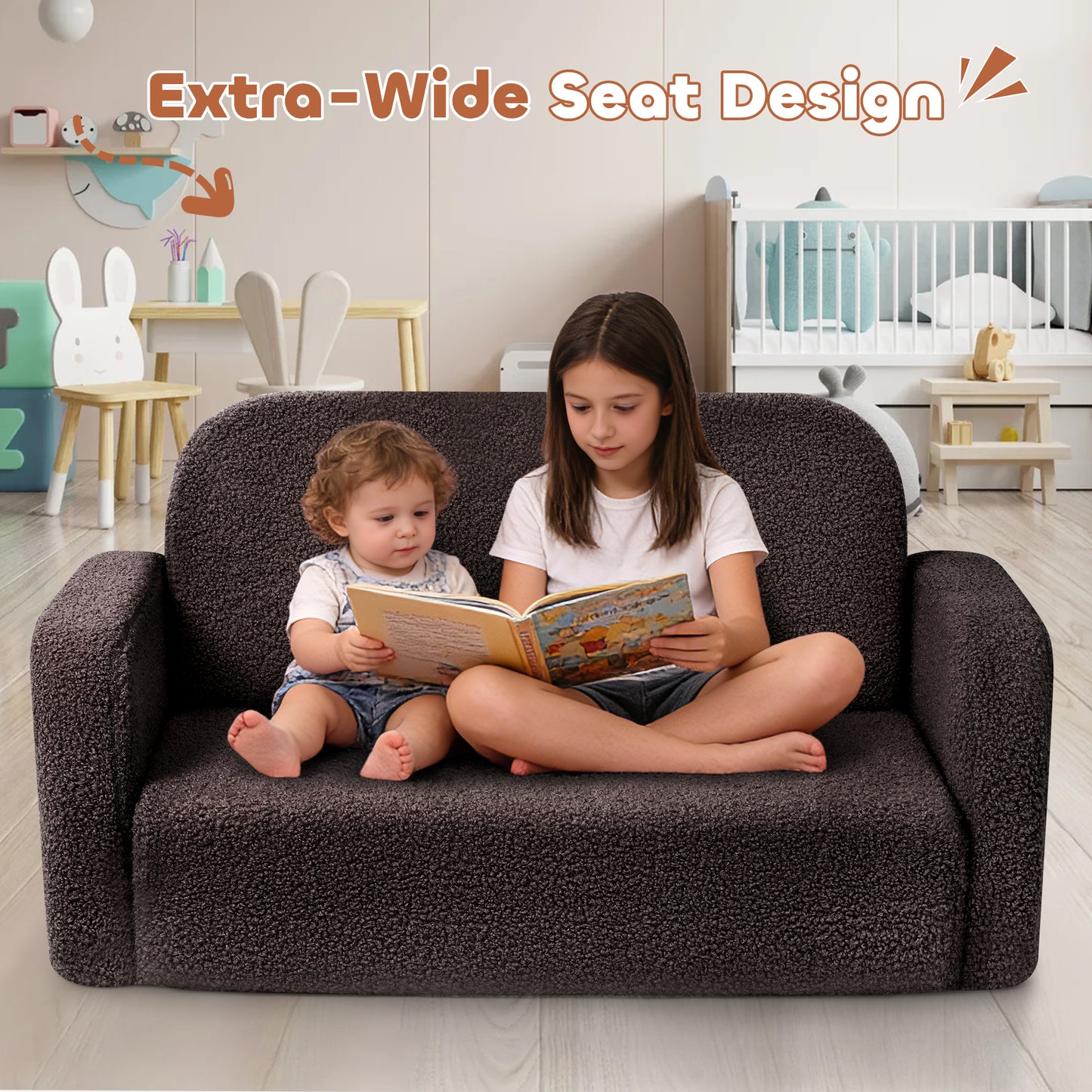 Babyeap Extra Wide Kids Chair,2-in-1 Convertible Toddler Chairs,Soft Comfy Kids Couch, Kids Sofa for Boys & Girls 3+,Brown