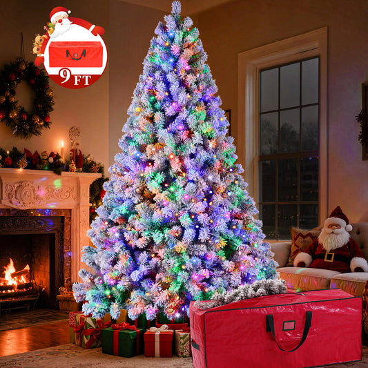 Yexmas 9FT Pre-Lit Snow Flocked Christmas Tree,Artificial White Christmas Tree with Large Christmas Tree Storage Bag,11 Modes Warm White & Multicolor LED Lights for Xmas Decoration