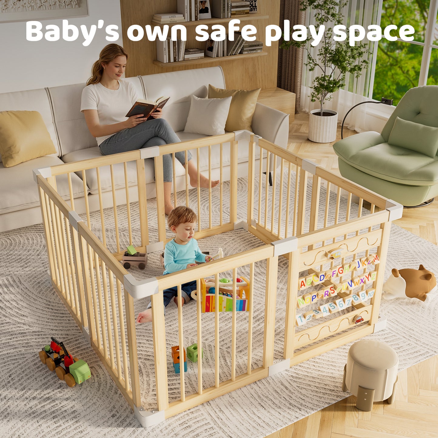Babyeap Wooden Baby Playpen,Foldable Play Yards for Babies and Toddlers,Large Wood Play Gate with Built-in Toys,Baby Fence Activity Center 47x47x23.6 Inch