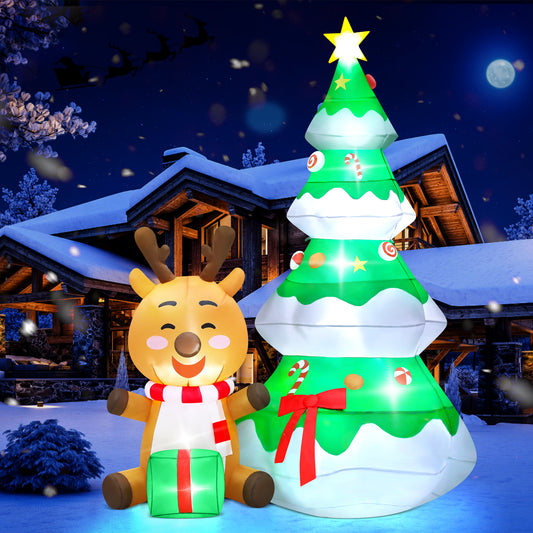 Lookfly 5.5 FT Large Outdoor Inflatable Christmas Tree with Santa Claus and Deer,Built-in LED Lights,Fun Blow Up Xmas Decor Suitable for Yard,Garden,Lawn