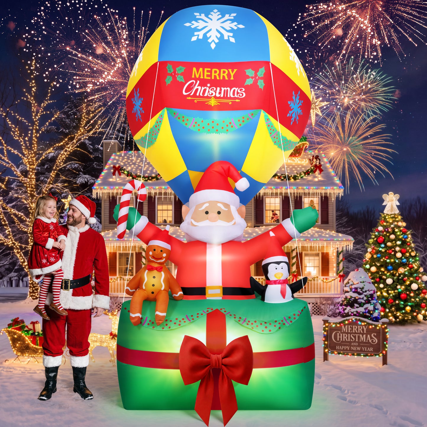 Yexmas 9FT Inflatable Christmas Santa Claus in Hot Air Balloon,Outdoor Holiday Decoration with LED Lights for Yard Lawn Garden