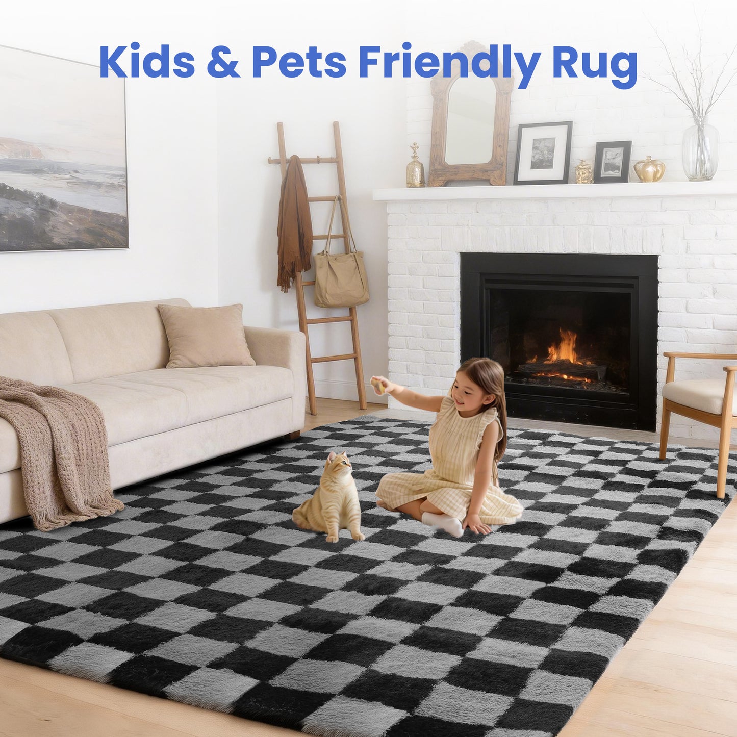 CozyDesg Shag Area Rugs,5'x8'/8' x 10' Soft Fluffy Floor Rugs Checkered Carpet，Washable Area Rugs for Living Room Bedroom Decor,Beige & White