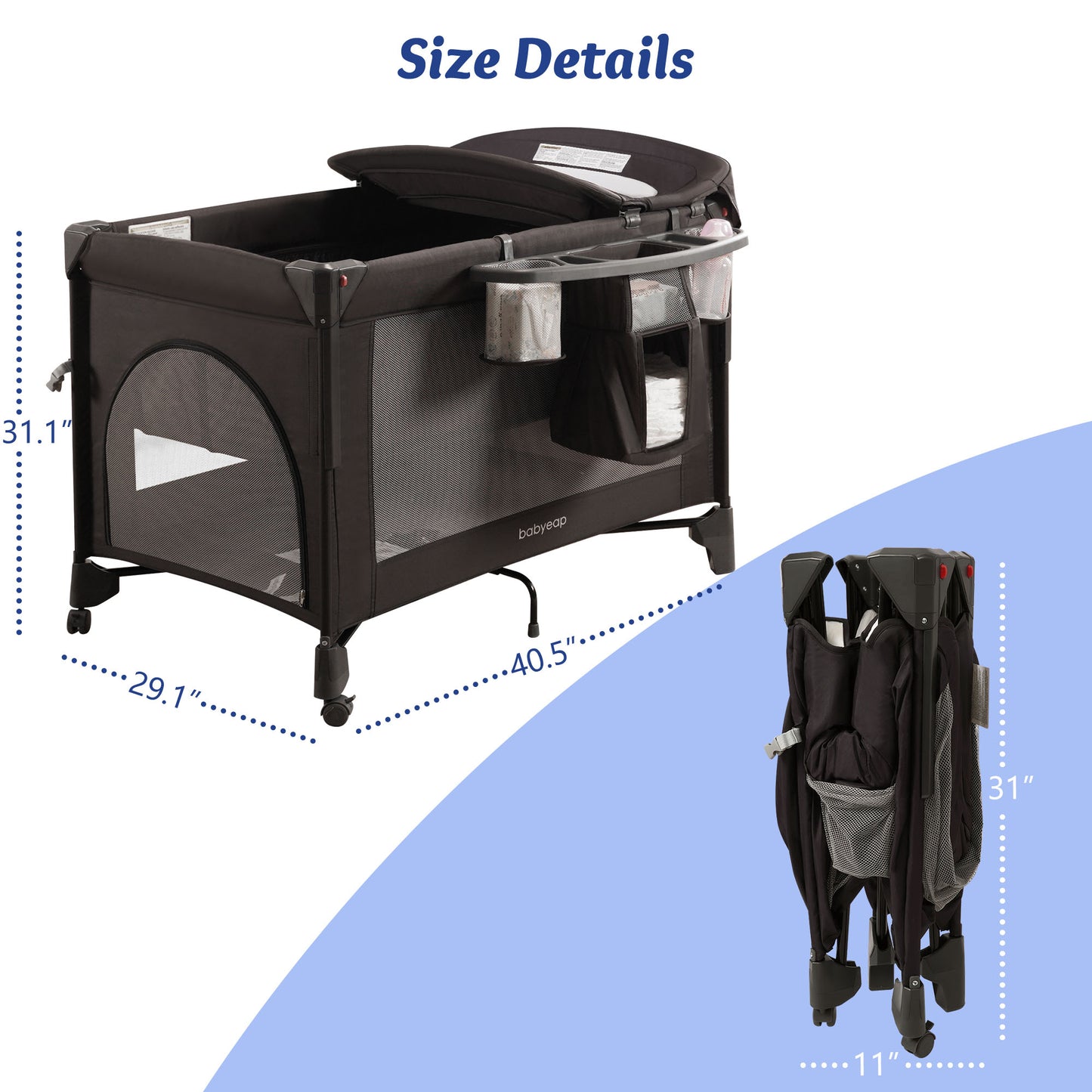 Babyeap 4in1 Baby Bassinet with Playard, 1-Step Fold Portable Playpen with Changing Table, Bedside Sleeper for Newborns, Black