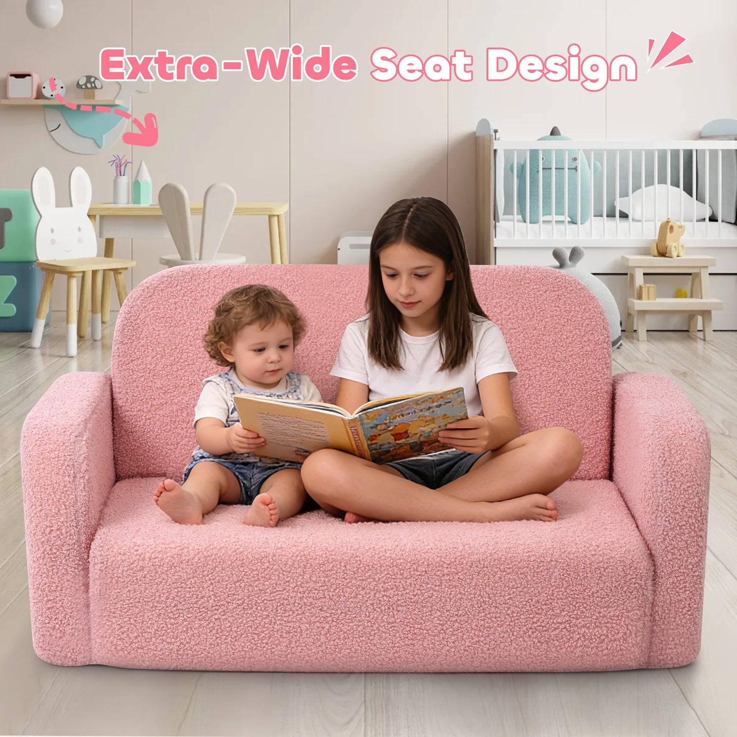 Babyeap Extra Wide Kids Chair,2-in-1 Convertible Toddler Chairs,Soft Comfy Kids Couch, Kids Sofa for Boys & Girls 3+,Pink
