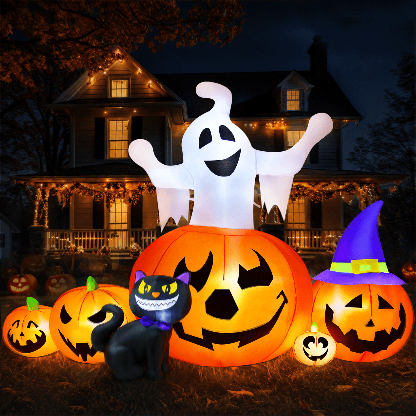 Yexmas 8FT Halloween Inflatable Decoration with Ghost, Black Cat and Pumpkins,Built-in LED Lights, Blow Up Halloween Yard Decor for Indoor/Outdoor Party,Yard, Lawn