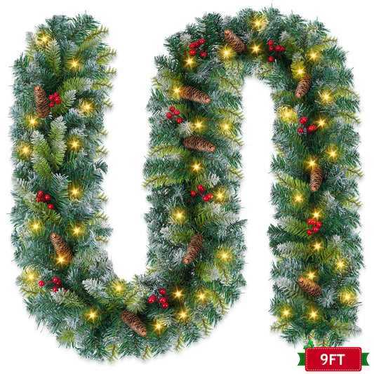 Yexmas 9ft Large Christmas Garland, Multi-Purpose Xmas Wreath with 60 LED Lights, Decorated with Pinecones, Berry Clusters, Battery Operated