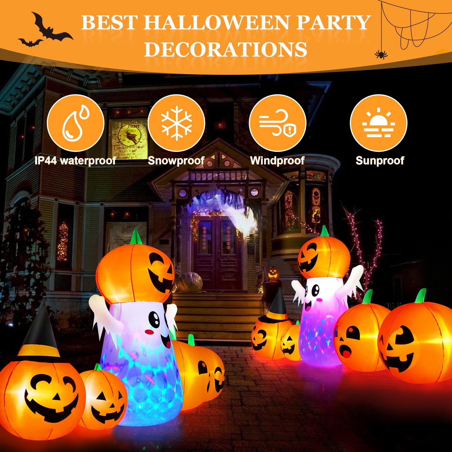 Yexmas 9.4ft Halloween Inflatable Pumpkins Outdoor Decor with Black Cat Tombstone and Spectre,Built-in LED Lights,for Halloween Party,Yard,Garden,Lawn