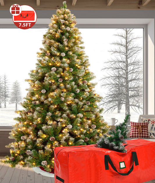 Yexmas 7.5ft Pre-Lighted Christmas Tree, 8 Modes LED Lights, Artificial Xmas Tree with Large Storage Bag