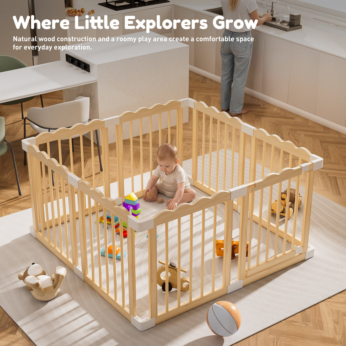 Babyeap Foldable Wooden Baby Playpen,Large Wood Play Yard for Babies and Toddlers, Baby Fence for Indoor Activity Center,47x47x23.6 Inch
