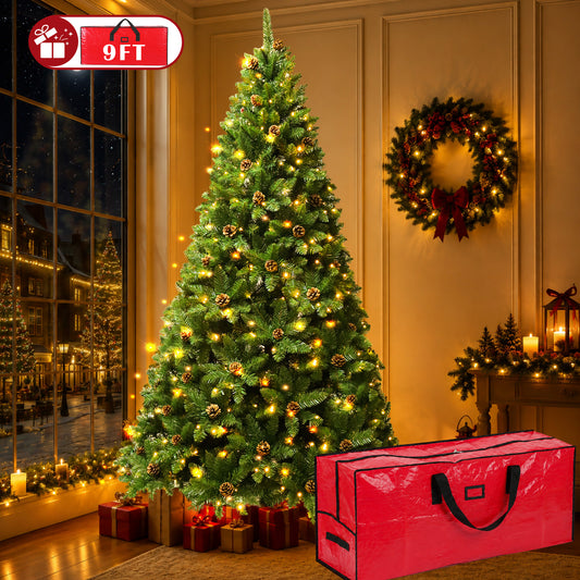 Yexmas 9FT Pre-Lit Green Christmas Tree with Pinecones, Artificial Xmas Tree with Large Storage Bag for Indoor Christmas Decorations