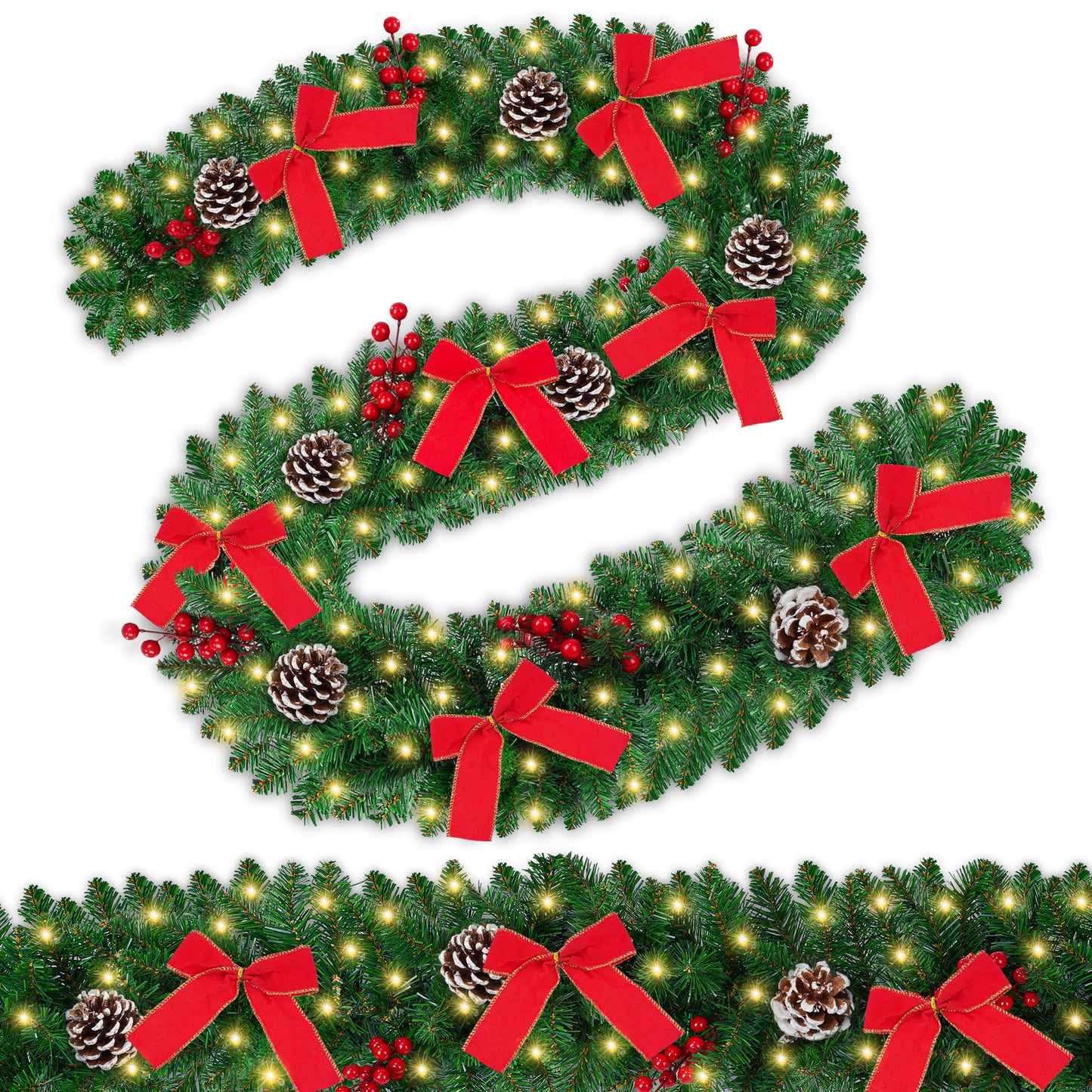 Yexmas 9FT Pre-Lit Christmas Garland with LED Lights, Decorated with Bows, Pinecones and Berry Clusters, Battery Operated Xmas Garland for Mantel, Stair, Door