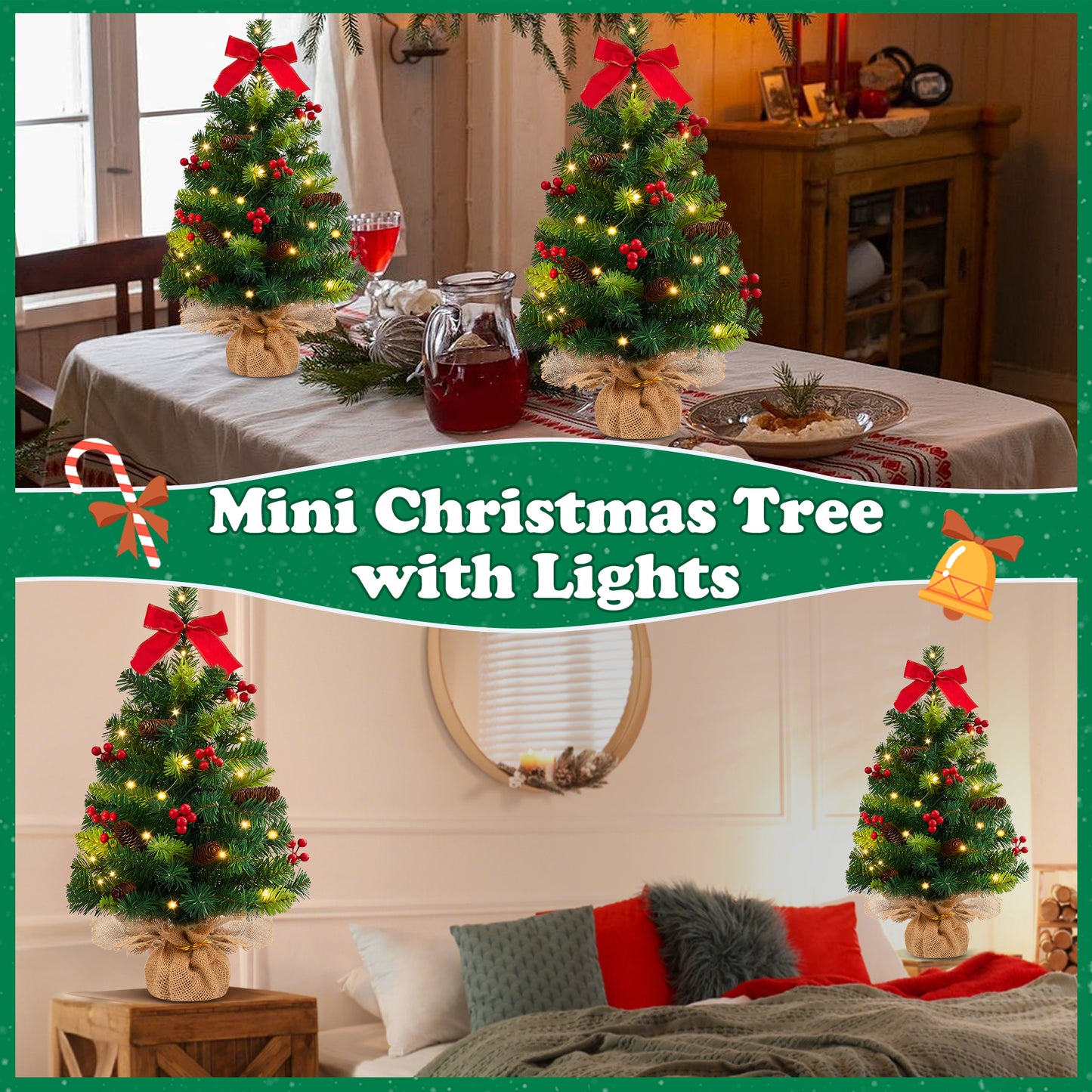 Yexmas 2PCS Pre-lit Artificial Mini Christmas Tree,24 Inch Small Tabletop Xmas Tree for Indoor Outdoor Christmas Decor