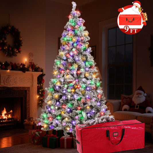 Yexmas 9FT Pre-Lit Snow Flocked Christmas Tree,Artificial White Christmas Tree with Large Christmas Tree Storage Bag,11 Modes Warm White & Multicolor LED Lights for Xmas Decoration