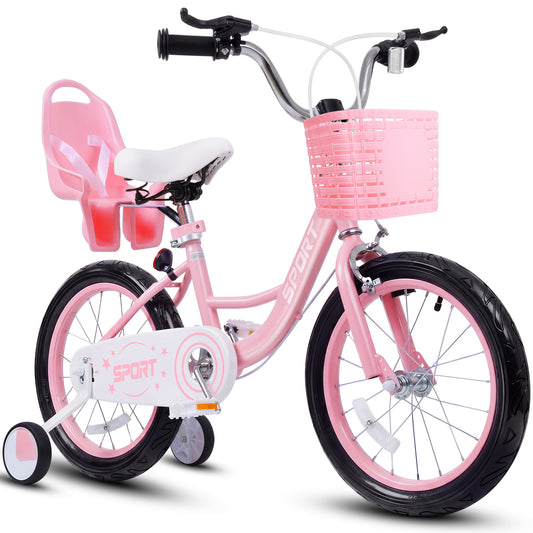 Enjoyrun 16" Kids Bike,Girls Bike with Training Wheels,Basket and Doll Seat,Bicycle for Children Ages 5-8,Pink