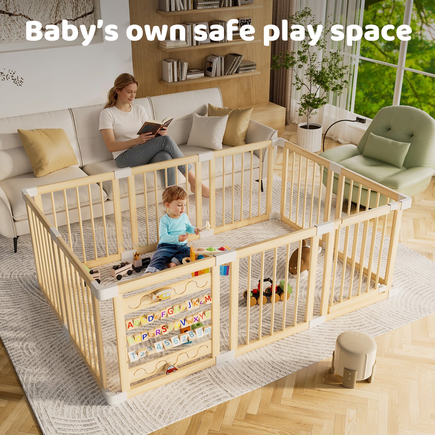 Babyeap Wooden Baby Playpen,Foldable Play Yards for Babies and Toddlers,Large Wood Play Gate with Built-in Toys,Baby Fence Activity Center 71x47x23.6 Inch