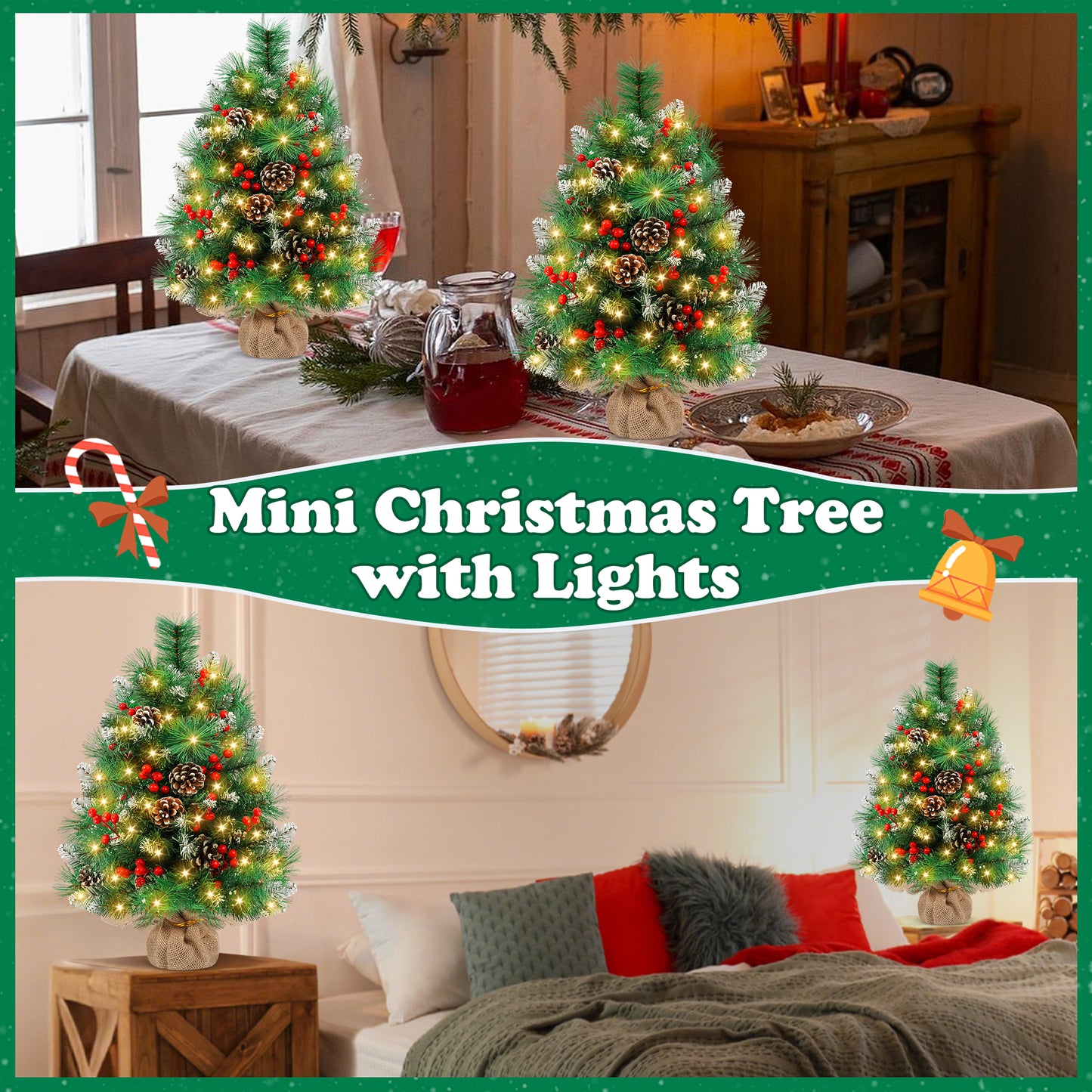Yexmas 2PCS Pre-lit Artificial Mini Christmas Tree,24 Inch Small Tabletop Xmas Tree for Indoor Outdoor Christmas Decor