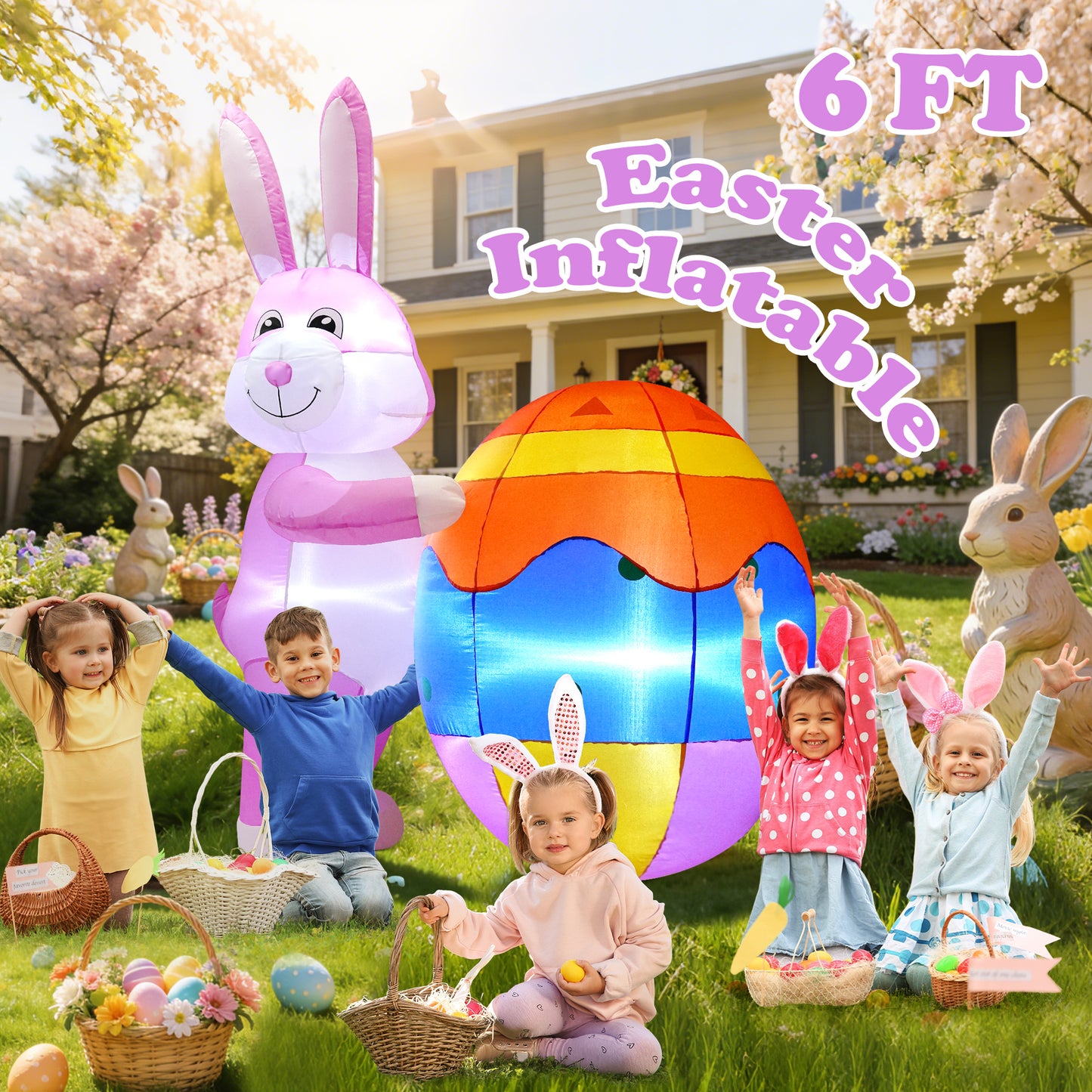 Yexmas 6ft Easter Inflatables,Blow Up Yard Outdoor Decoration with LED Lights Bunny Decorations with Egg for Lawn Garden Holiday Party