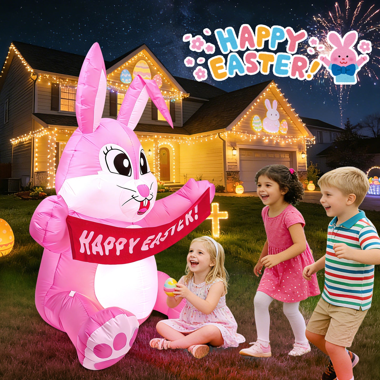 Yexmas 5ft Easter Inflatables,Blow Up Yard Decoration Happy Easter Bunny Decorations Built in LED Lights for Outdoor Lawn Garden Party