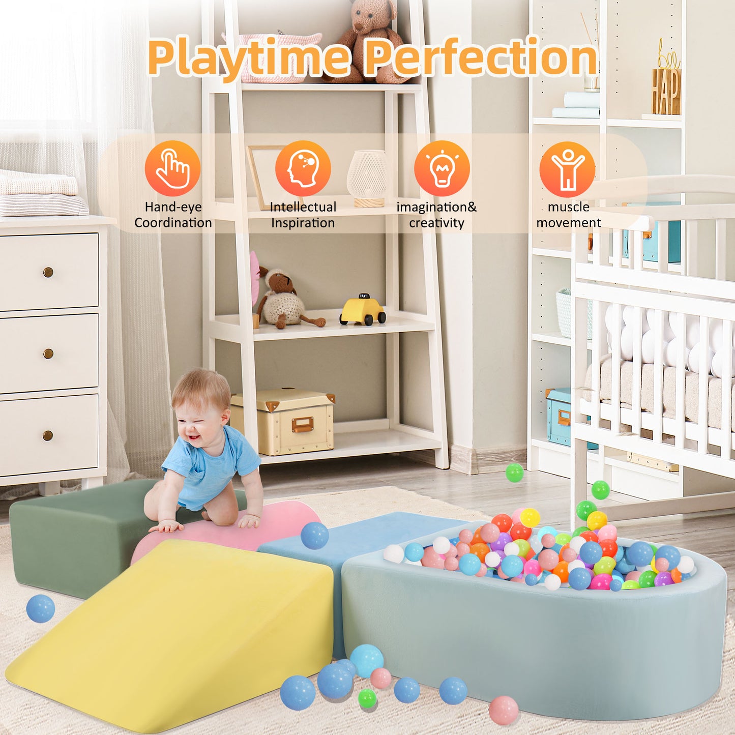 Lookfly 5-Piece Climbing Toys for Toddlers, Soft Foam Blocks with Ball Pit, Indoor Play Gym Set Baby Gift for toddlers 1–3