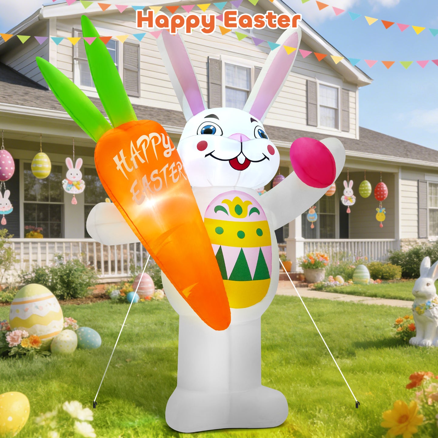 Yexmas 6FT Easter Inflatables Outdoor Decoration,Blow-Up Bunny Holding a Carrot and an Easter Egg with Built-in LED Lights for Yard Lawn Garden Decor