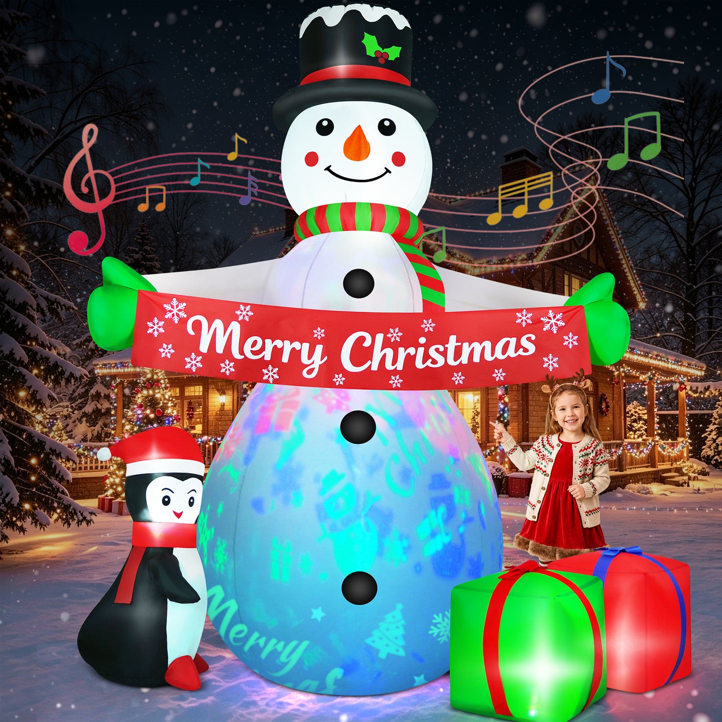 Yexmas 8FT Christmas Inflatable Snowman Blow Up Yard Decor with 360° Colorful Projection, Music On/Off, Penguin, Gift Boxes, Merry Christmas Banner for Outdoor Yard Decor