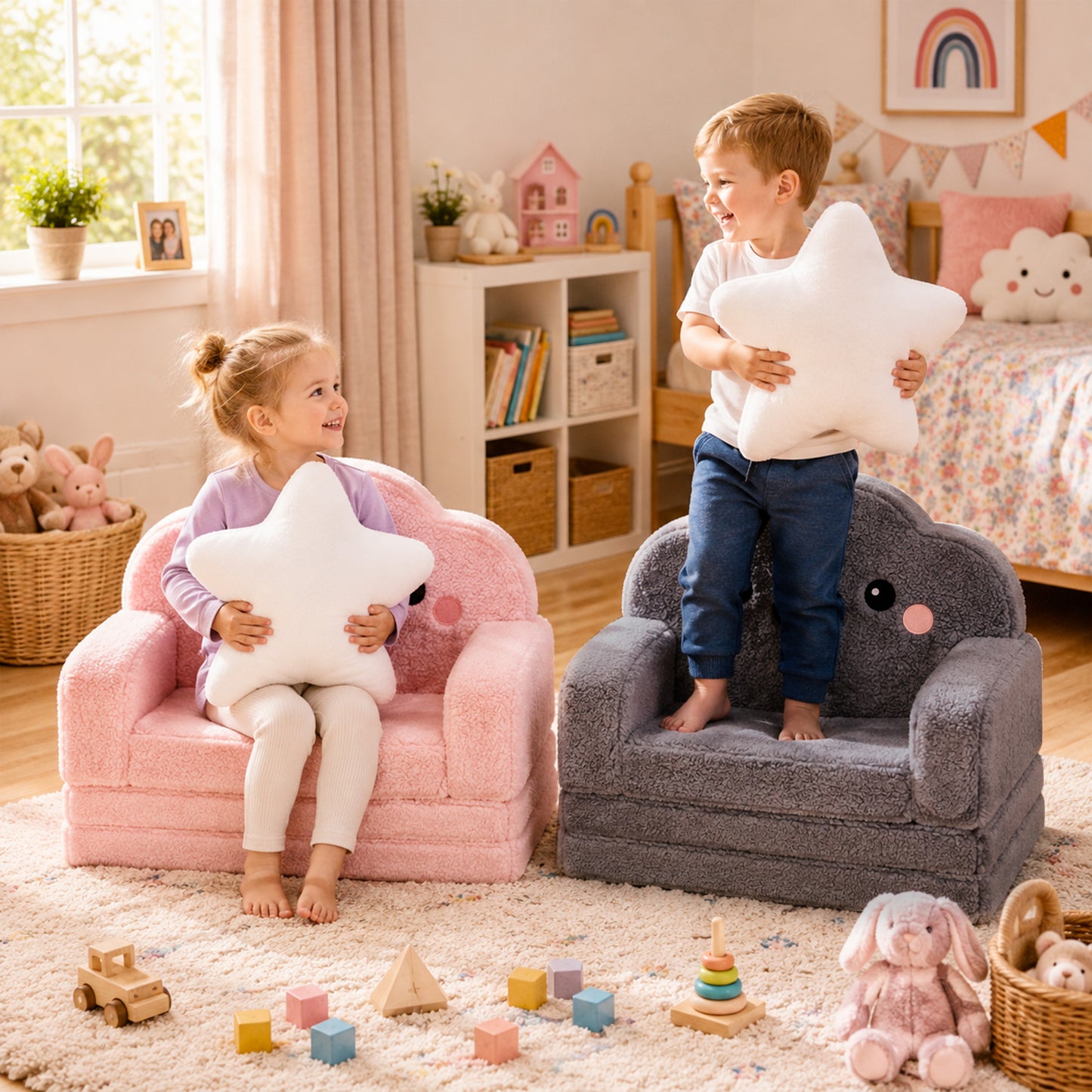 babyeap 2-in-1 Kids Sofa,Fold Out Toddler Couch with Star Pillow,Soft Convertible Kids Chair for Girls and Boys,Pink