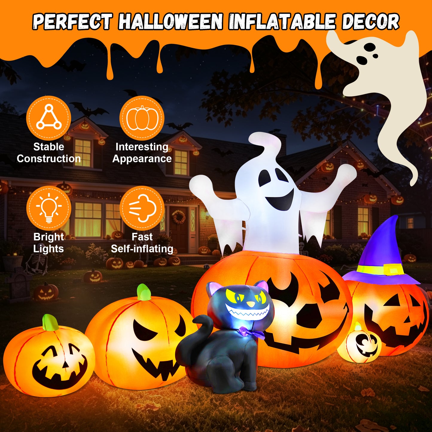 Yexmas 8FT Halloween Inflatable Decoration with Ghost, Black Cat and Pumpkins,Built-in LED Lights, Blow Up Halloween Yard Decor for Indoor/Outdoor Party,Yard, Lawn