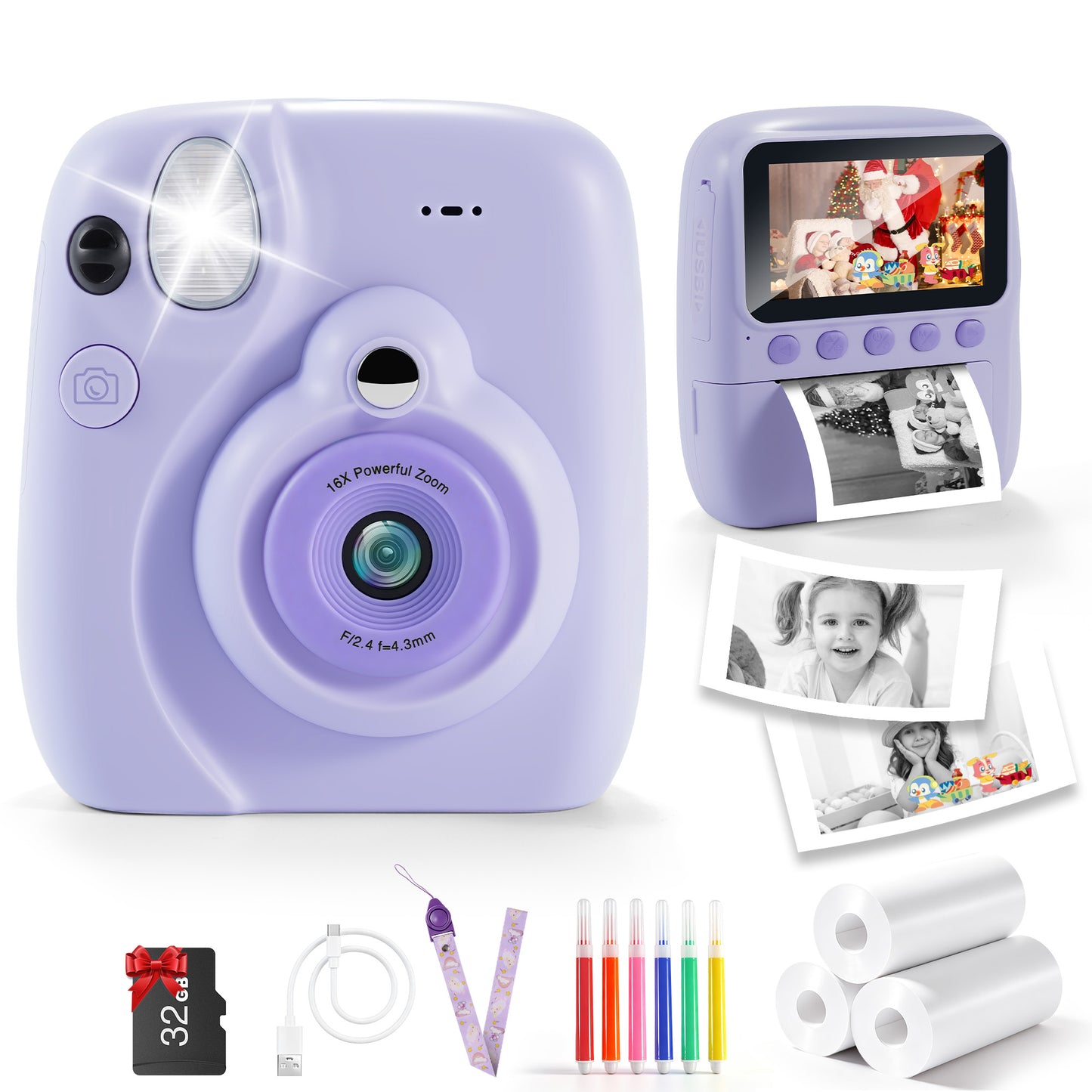 Yexmas Instant Print Toys Camera for Kids, 1080P HD Camera with 32GB SD Card, 3 Paper Rolls, Color Pens & Lanyard, Pink