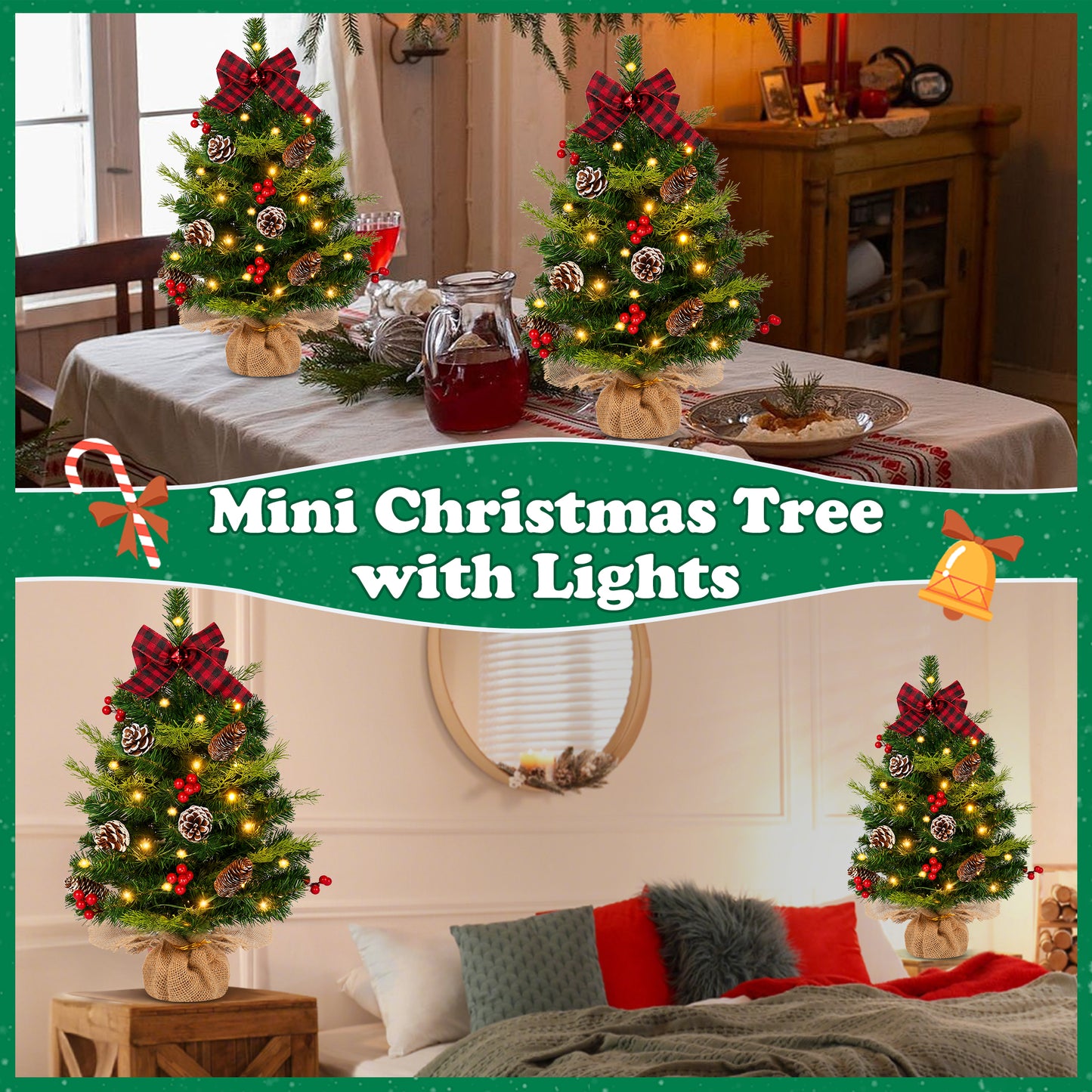 Yexmas 2PCS Pre-lit Artificial Mini Christmas Tree,24 Inch Small Tabletop Xmas Tree for Indoor Outdoor Christmas Decor